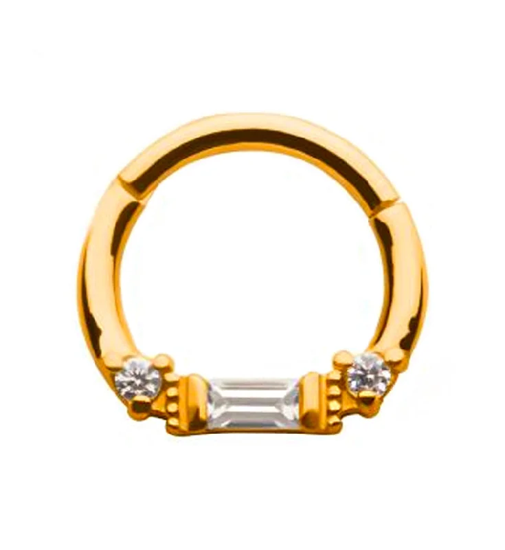 Gold PVD Round & Baguette CZ Beaded Hinged Segment Ring