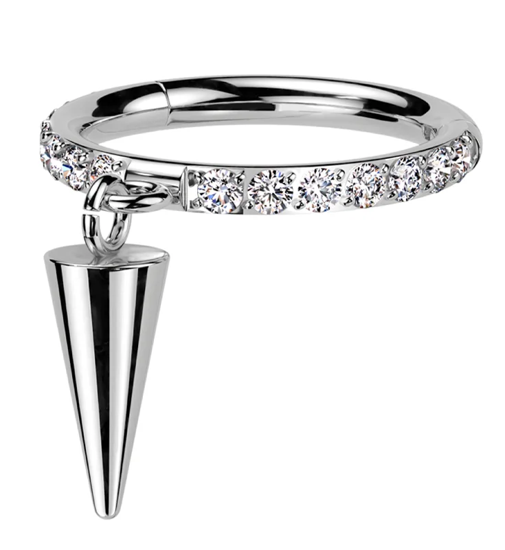 Side Facing Cone Dangle Clear CZ Row Titanium Hinged Segment Ring