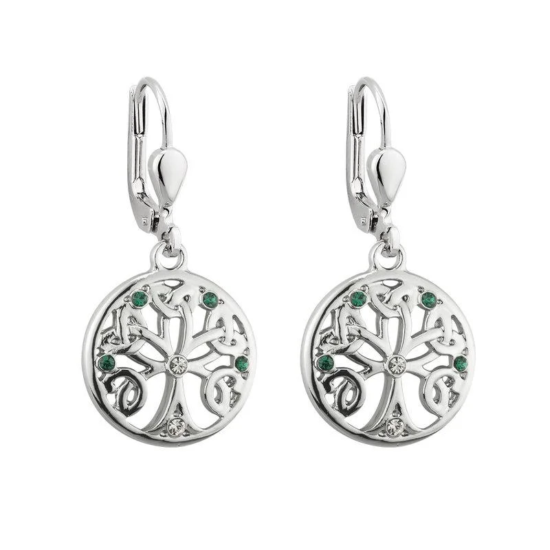 Rhodium Crystal Tree Of Life Drop Earrings