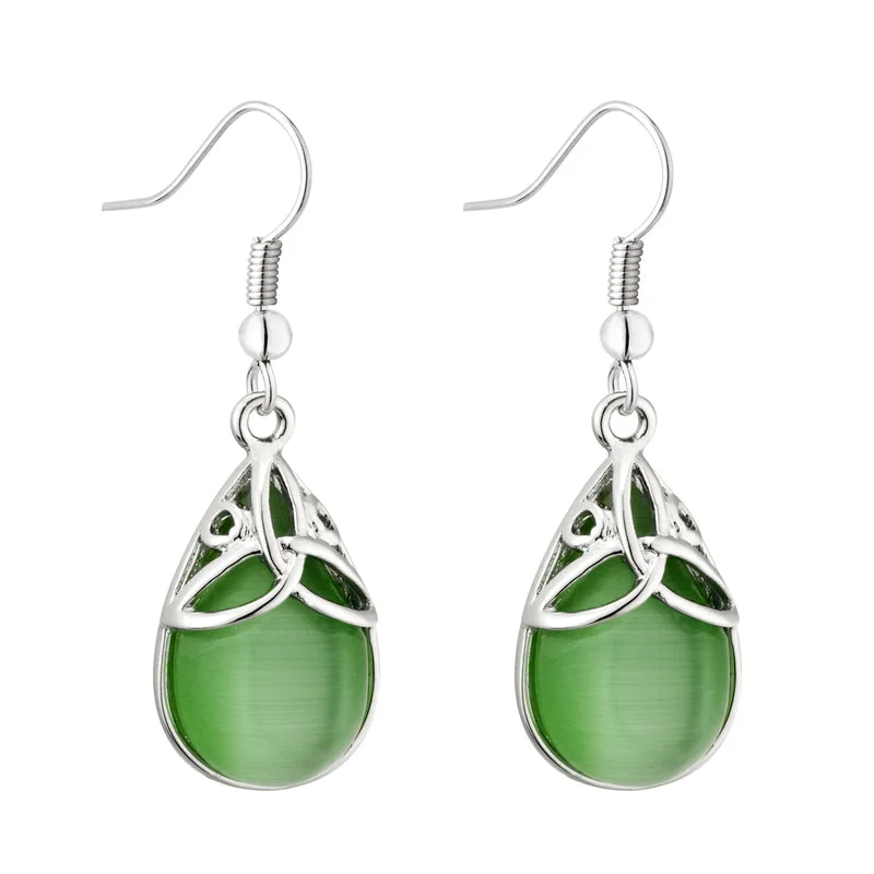 Rhodium Green Cat Eye Trinity Drop Earrings