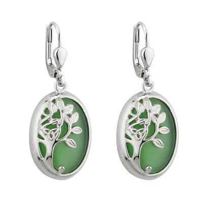 Solvar Rhodium Green Tree Of Life Drop Earrings