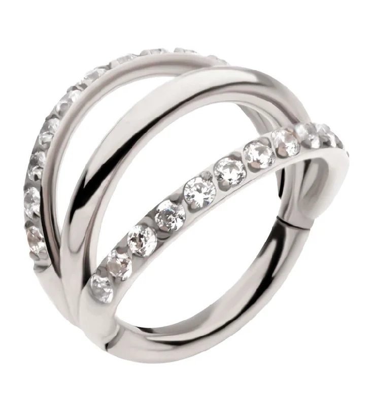 Triple Side Bar Dual Clear CZ Row Titanium Hinged Segment Ring