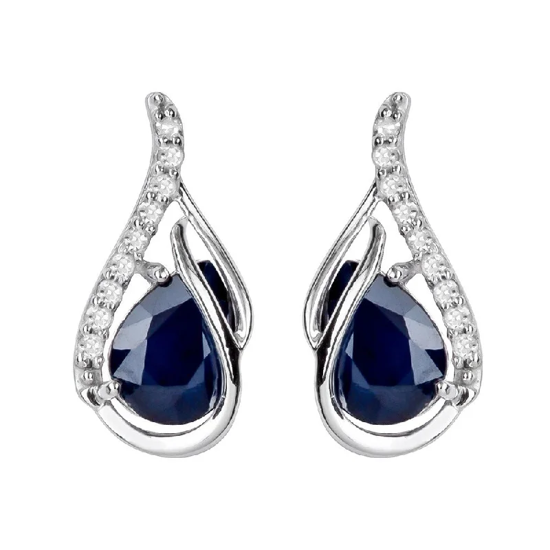 Viducci 10k White Gold Genuine Pear-Shape Sapphire and Diamond Curved Halo Drop Earrings