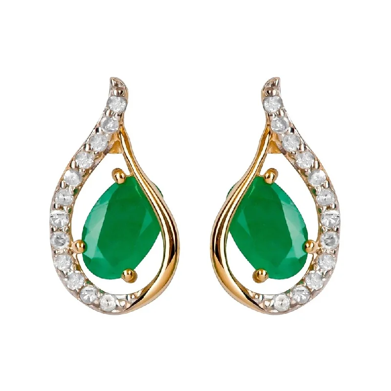 Viducci 10k Yellow Gold Genuine Oval Emerald and Diamond Curved Halo Drop Earrings