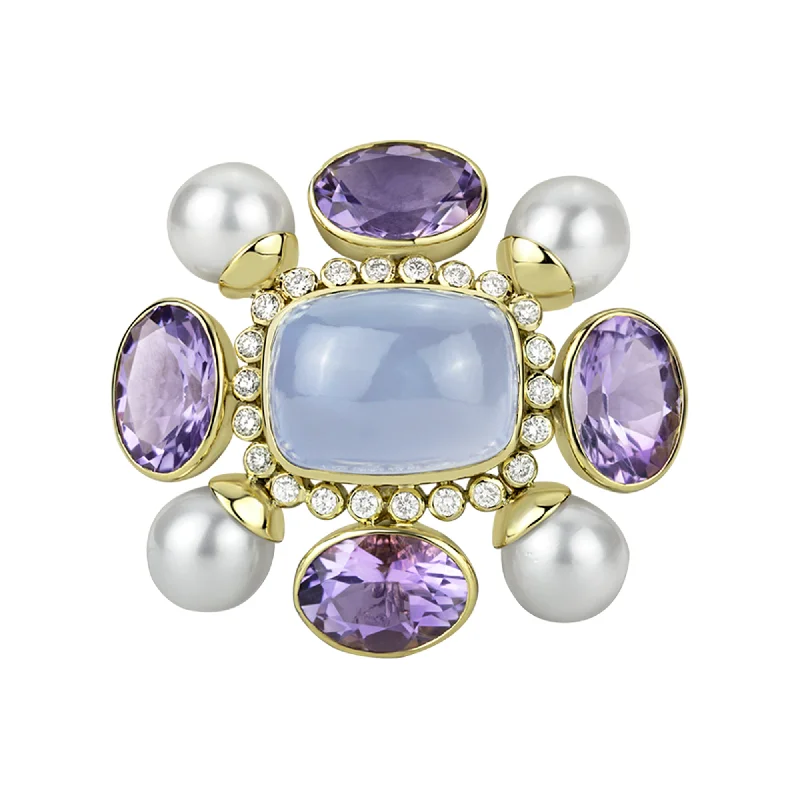 Brooch- Amethyst, Chalcedony, Pearl And Diamond