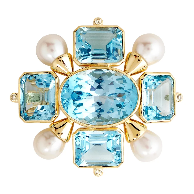 Brooch- Blue Topaz, Pearl And Diamond