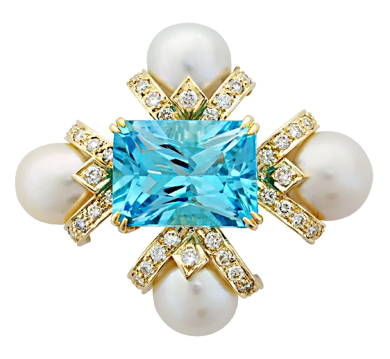 Brooch - Blue Topaz, Pearl And Diamond