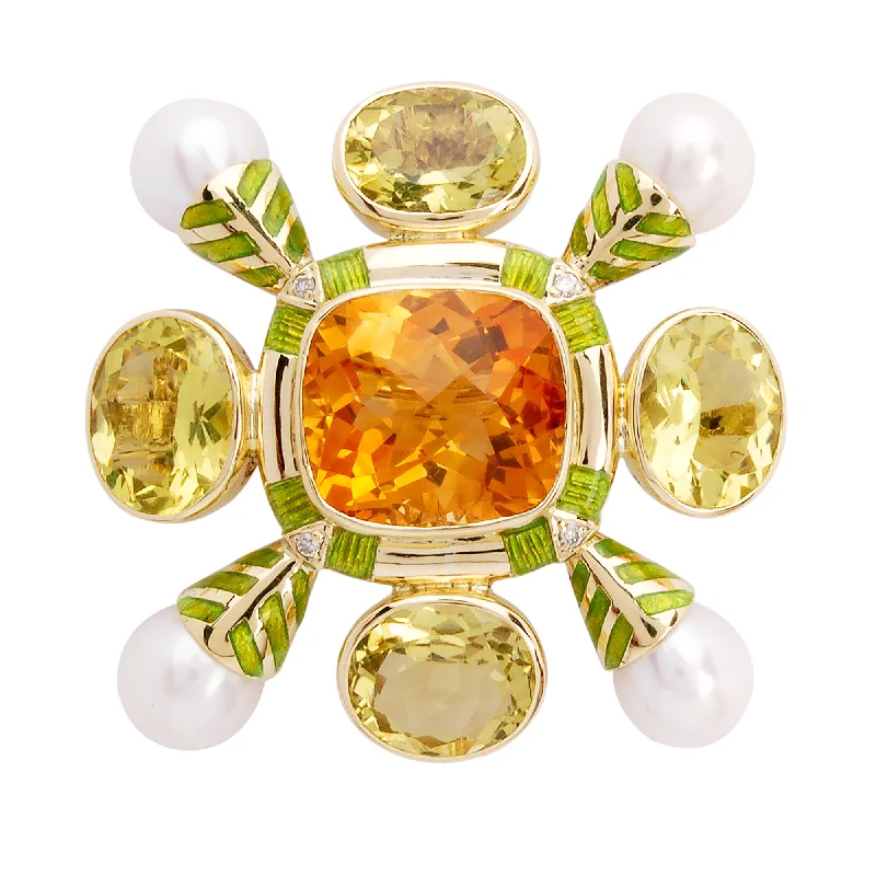 Brooch- Pearl, Lemon Quartz, Citrine And Diamond (enam