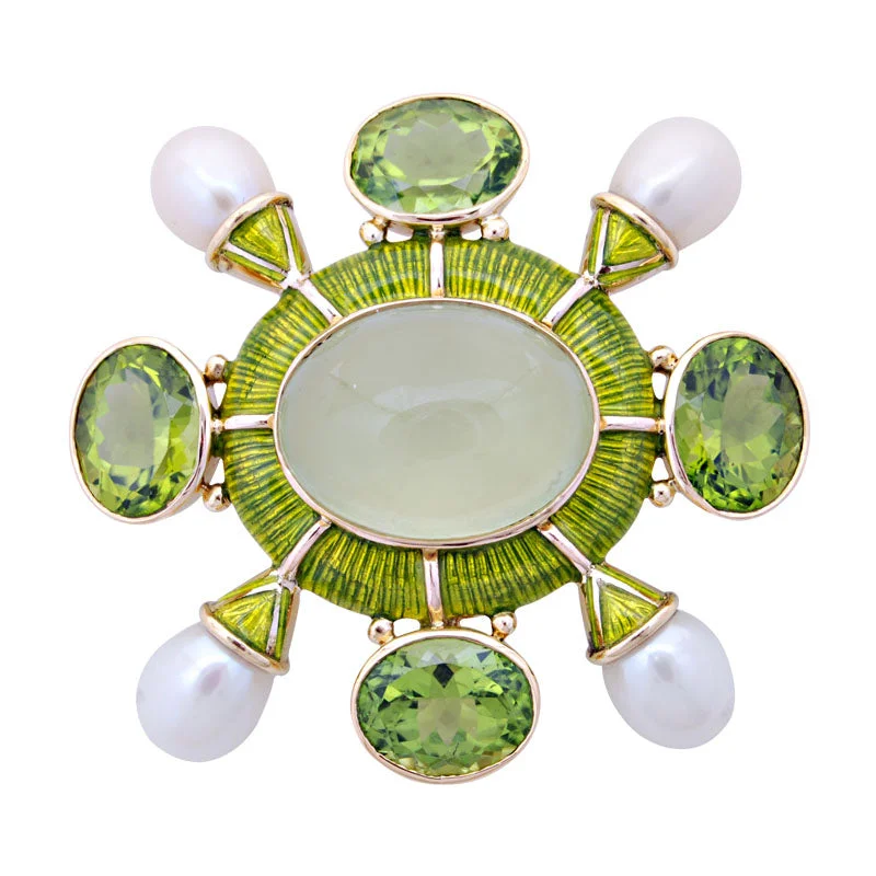 Brooch-Prehnite, Peridot and Pearl (Enamel)