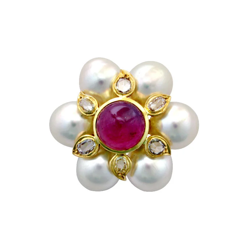 Brooch-Rubellite, Pearl and Diamond