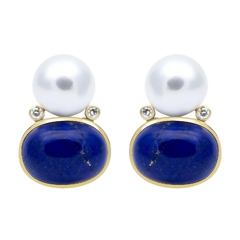 Earrings - Southsea Pearl, Lapiz Lazulli And Diamond