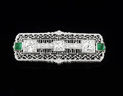 Vintage Brooch Diamond Emerald Platinum & 14K White Gold